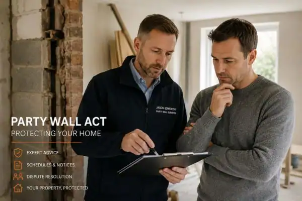 Party wall surveyor Leicester discussing extension plans with homeowner outside a UK semi-detached house.
